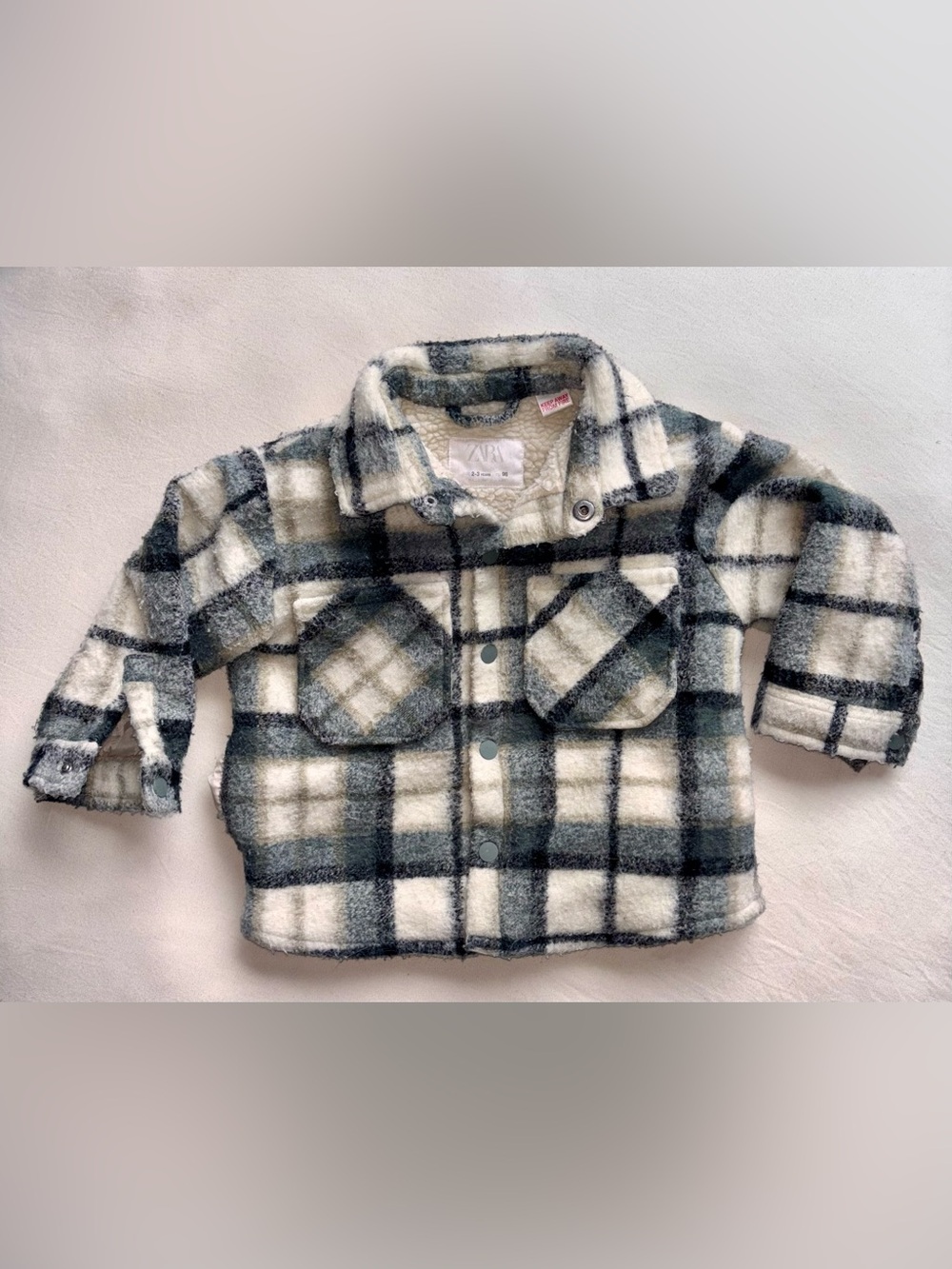 Zara Kids Cream and Green Plaid Sherpa-Lined Button-Down